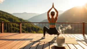 Serene morning yoga session on a sunlit wooden deck overlooking lush green mountains, woman in athletic wear stretching peacefully with steam rising from a wellness tea cup nearby