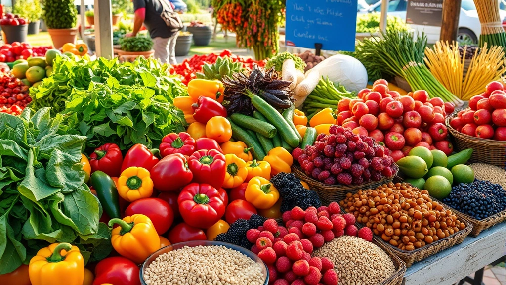 Vibrant farmers market scene with diverse fresh produce—colorful bell peppers, leafy greens, berries, and whole grains—displayed abundantly with natural sunlight casting warm shadows