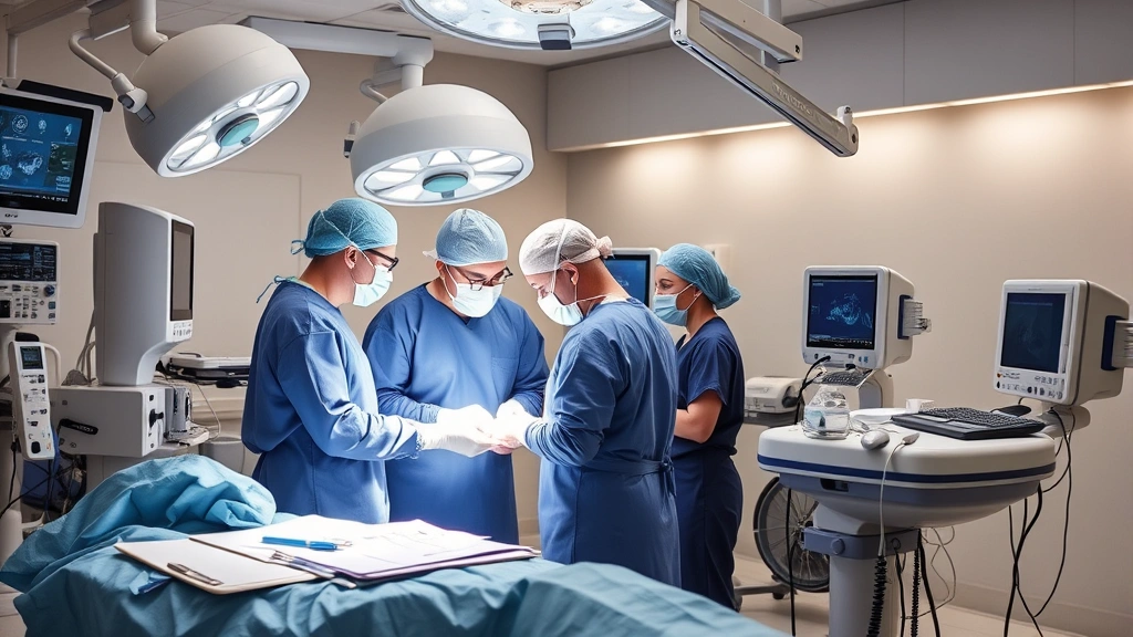 Medical team in surgical suite with advanced technology, surgeons and nurses collaborating during procedure, state-of-the-art operating room equipment, focused professional atmosphere, sterile modern environment showing medical excellence and precision