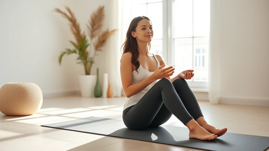 Woman in bright athleisure sitting peacefully on yoga mat in sunlit minimalist bedroom, holding herbal tea, serene morning wellness routine atmosphere