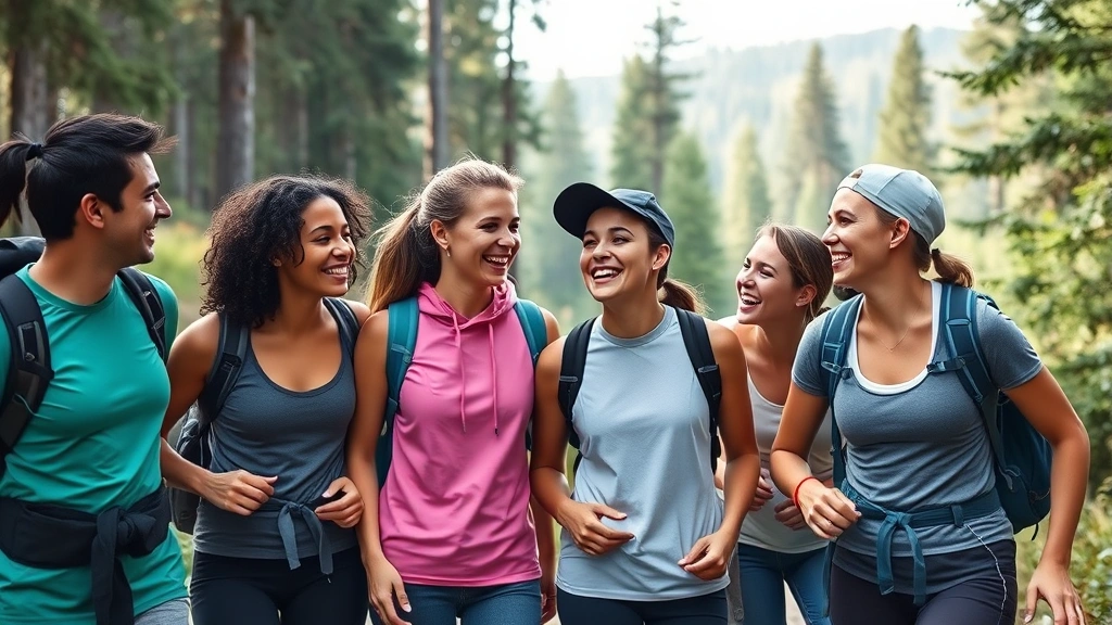 Diverse group of friends laughing during outdoor hiking adventure, wearing casual workout clothes, forest trail background, genuine connection and joy