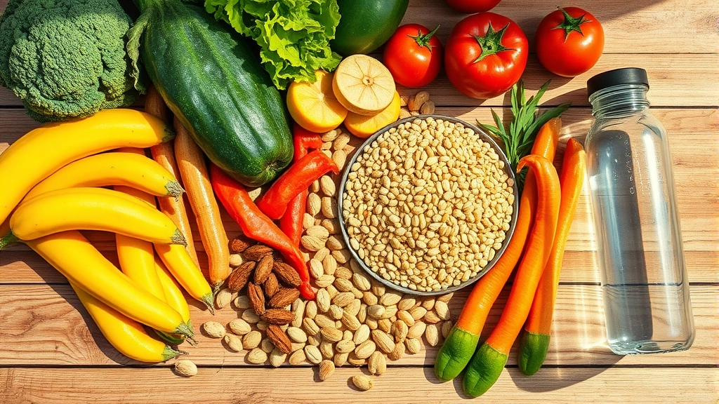 Colorful overhead flat lay of fresh produce, nuts, grains, and water bottle on wooden table, natural sunlight, healthy nutrition inspiration