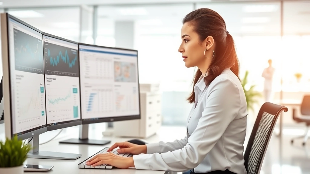 Professional woman in business attire working at modern computer desk with multiple monitors displaying healthcare data dashboards, bright office environment, natural lighting, focused expression, contemporary medical facility background