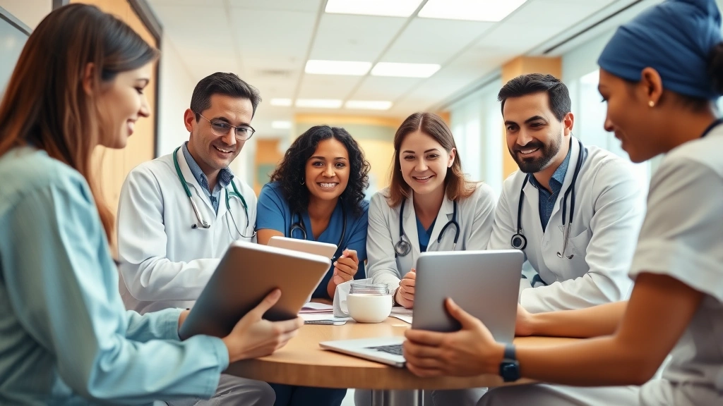 Diverse healthcare team in hospital conference room collaborating around tablet and laptop, clinical staff and IT professionals discussing digital health systems, warm professional atmosphere, modern medical facility
