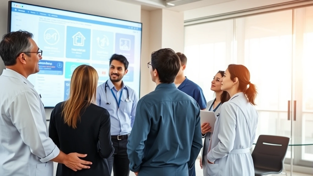 Diverse team of healthcare IT professionals collaborating in bright conference room, reviewing digital health systems on large display screen, casual professional attire, modern hospital or clinic setting