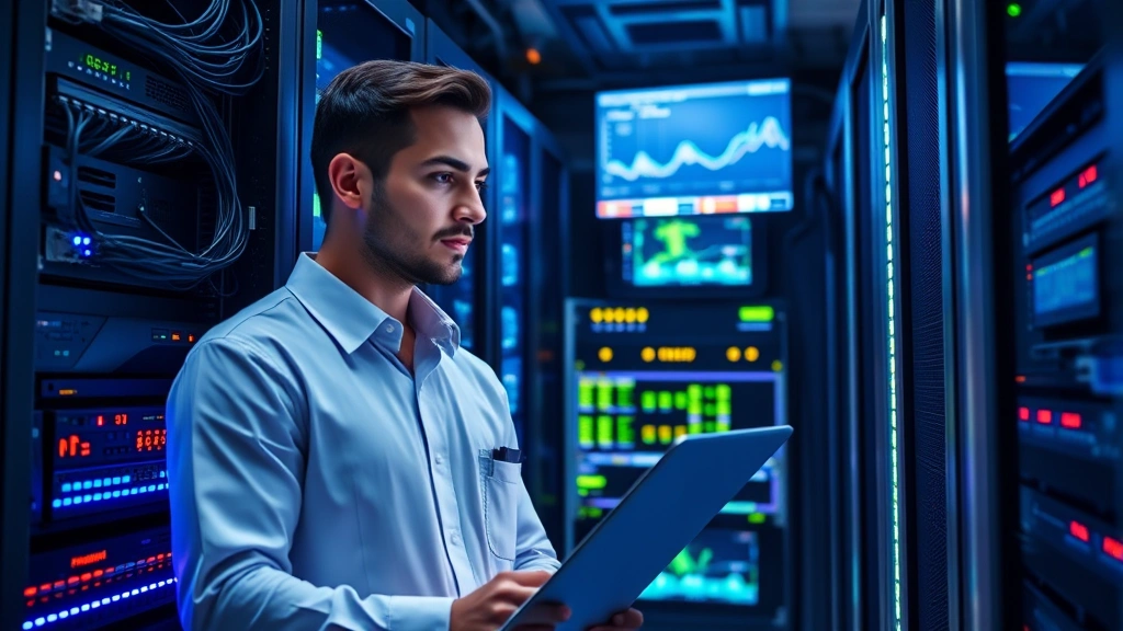 Male IT specialist in server room with illuminated networking equipment and cables, focused on maintaining healthcare infrastructure, professional tech environment with organized systems and monitoring displays