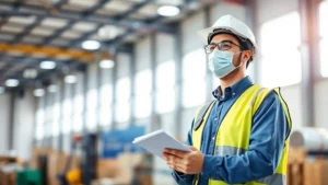 Professional health inspector in safety gear conducting facility inspection, modern warehouse environment, natural lighting, confident posture, clipboard in hand, sterile professional setting