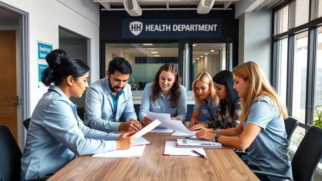 Diverse team of health inspectors reviewing documents at conference table, modern office space with health department signage, collaborative atmosphere, professional business casual attire, natural window lighting