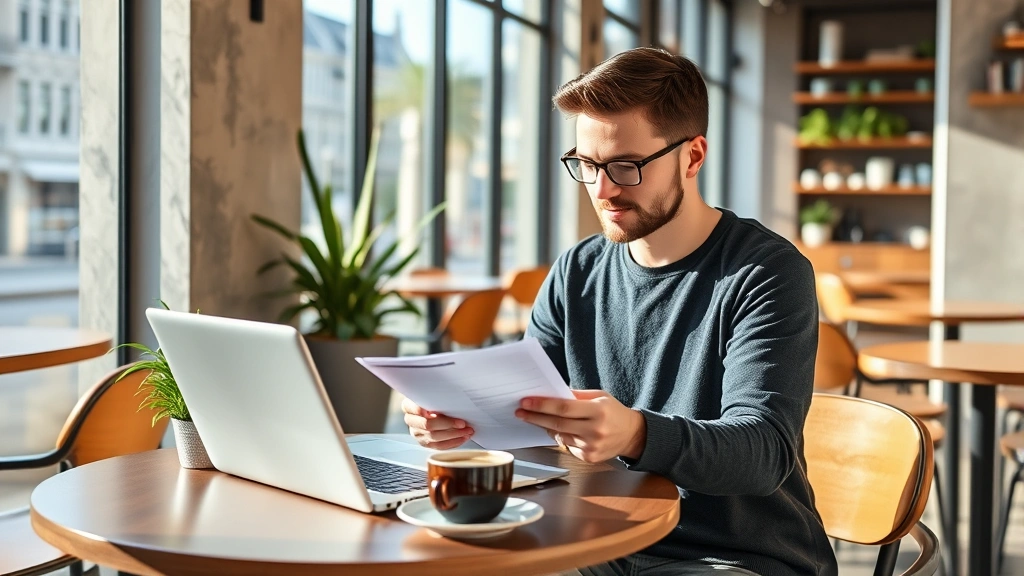 Young professional reviewing health insurance documents at modern Budapest café, laptop and coffee on table, natural daylight, contemporary urban setting, wellness-focused atmosphere