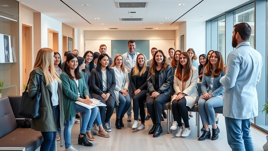Diverse group of people in a modern medical clinic waiting room, bright and welcoming environment, healthcare professionals in background, contemporary European healthcare facility