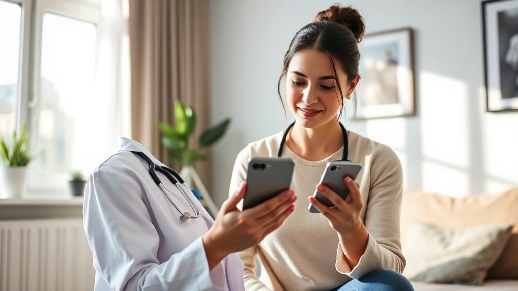 Woman scheduling doctor appointment on smartphone in home office, natural light, modern apartment, digital health management, wellness lifestyle aesthetic