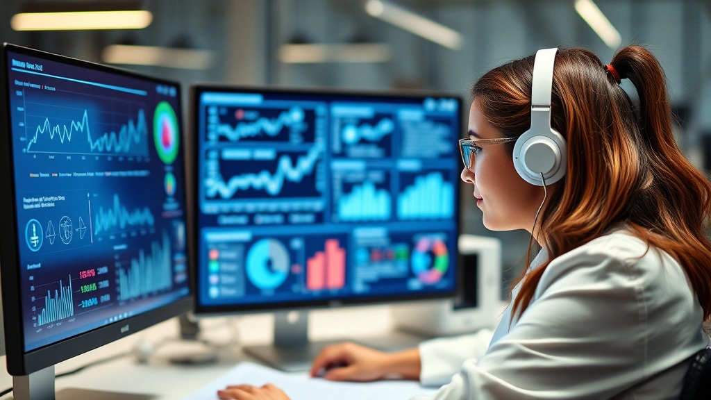 Female data scientist or healthcare analyst working at computer with artificial intelligence interface visualization, examining predictive health analytics and insurance data patterns, professional environment, advanced technology displays showing healthcare metrics and claims processing systems