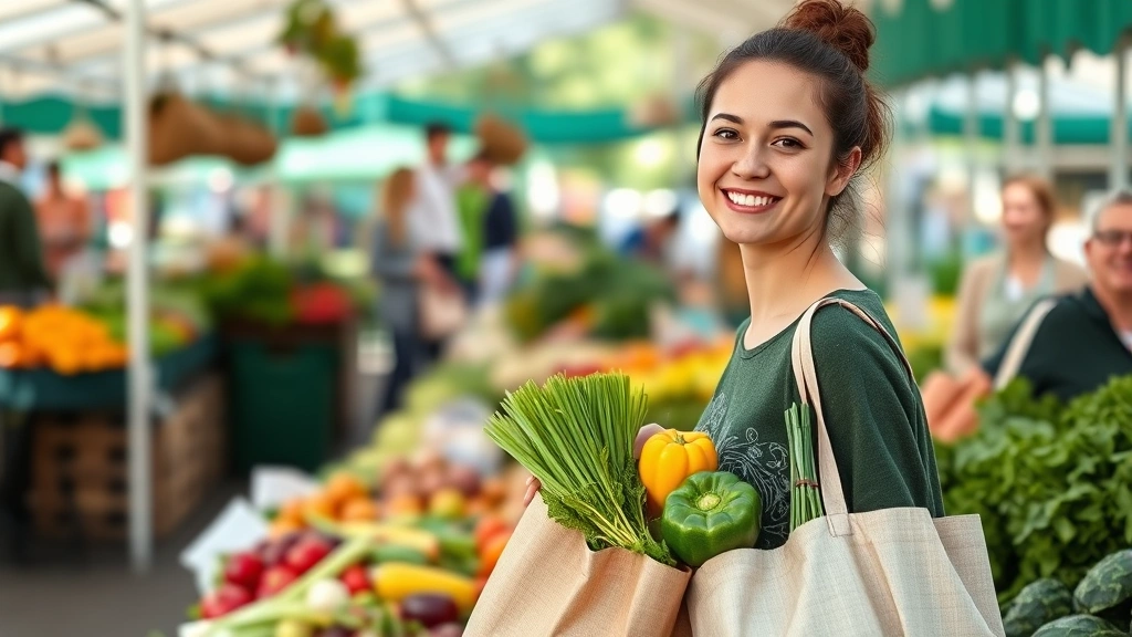 Young professional woman shopping fresh organic vegetables at farmers market, holding reusable bags, smiling, bright natural lighting, morning atmosphere