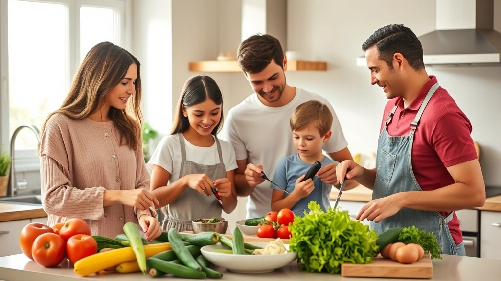Family of four preparing healthy meal together in modern kitchen with fresh ingredients on counter, natural window light, warm domestic scene