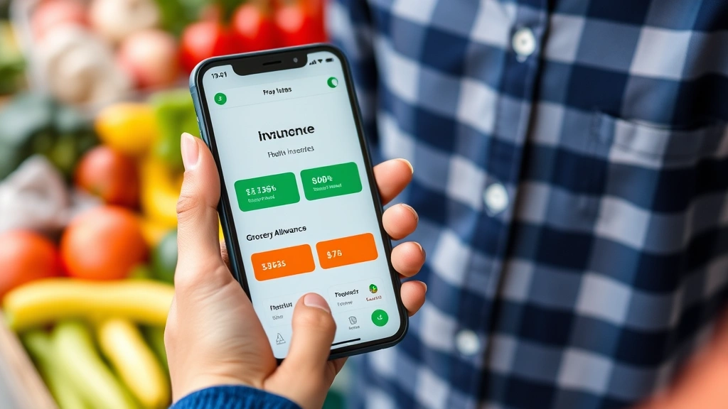 Close-up of hands holding digital health insurance app on smartphone showing grocery allowance benefits and fresh produce in background