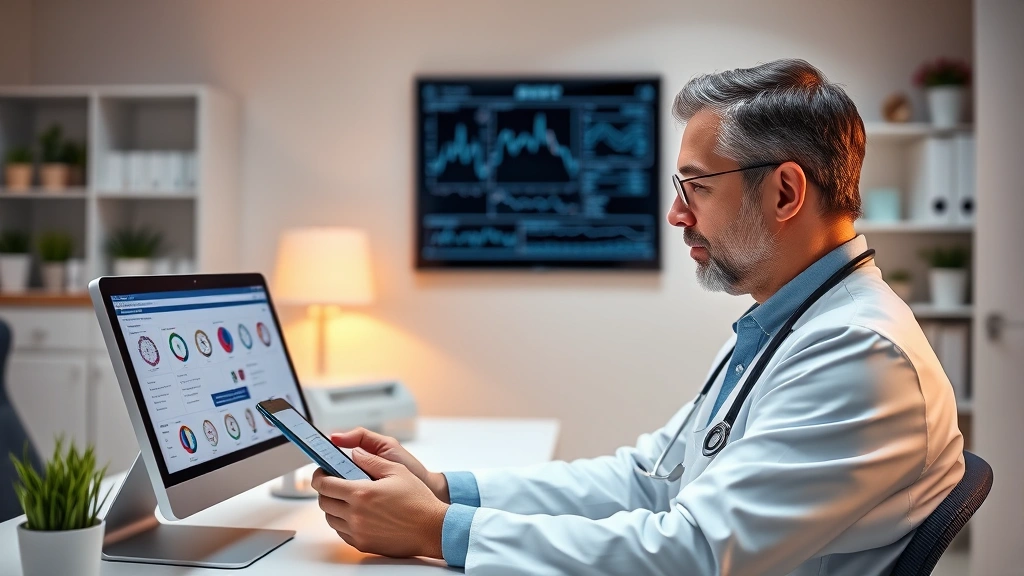 Professional healthcare provider using tablet at modern clinic desk reviewing patient data on digital screen, warm office lighting, organized medical environment, focused expression