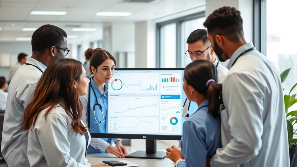 Team of healthcare professionals collaborating around computer monitor displaying health records and analytics, diverse group in clinical attire, collaborative atmosphere, modern healthcare setting