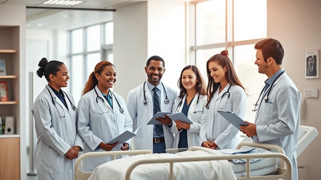 Professional diverse healthcare team in modern clinic setting with doctors, nurses, and administrators collaborating around patient care station, warm natural lighting, modern medical facility interior