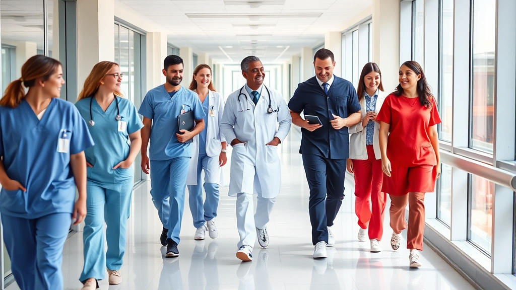 Group of healthcare workers in scrubs and business attire walking through modern hospital corridor, diverse team showing collaboration, bright clean medical facility hallway with contemporary architecture