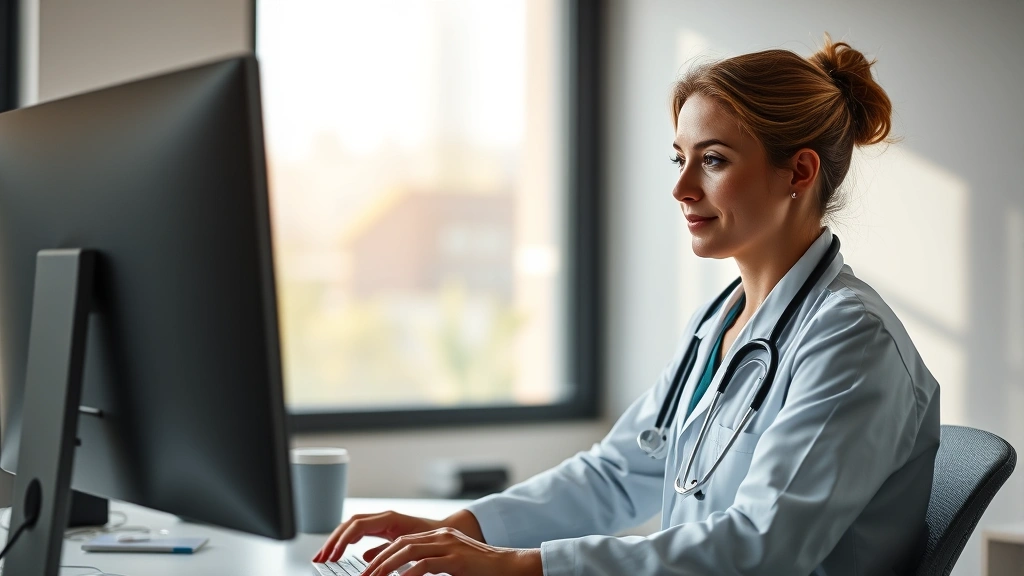 Healthcare professional securely logging into provider portal on desktop computer in modern clinical office with soft natural lighting, showing confident focus on screen with encryption lock icon visible