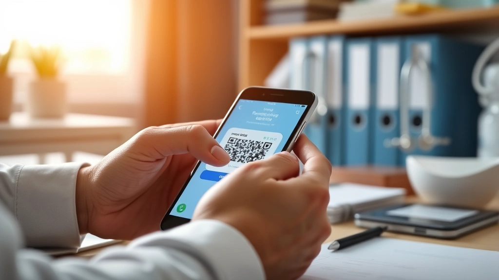 Close-up of hands entering two-factor authentication code on smartphone while sitting at organized medical desk, warm professional lighting highlighting security verification process