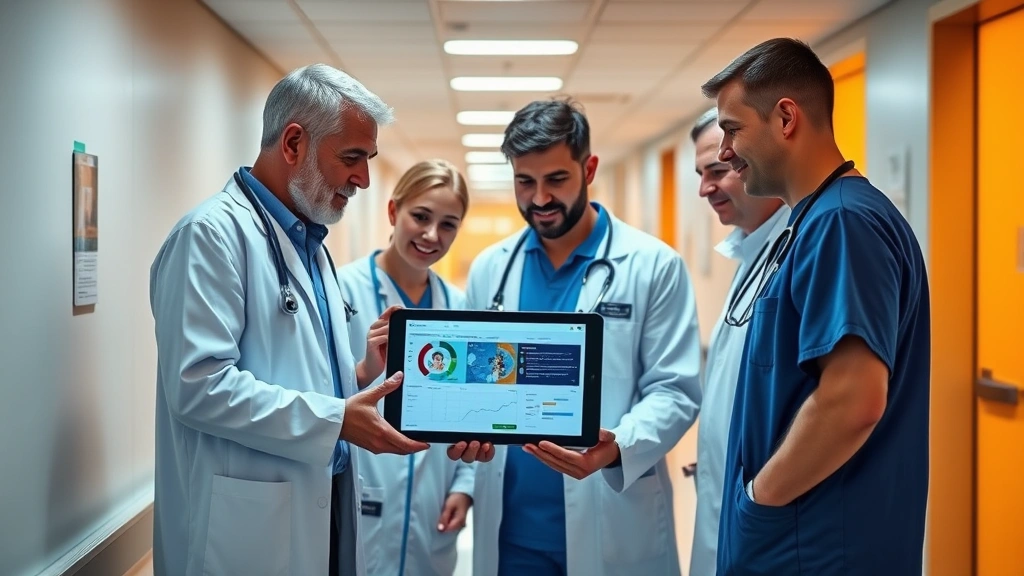 Multiple healthcare providers collaborating around tablet displaying patient dashboard in contemporary hospital corridor, warm ambient lighting emphasizing teamwork and modern healthcare technology integration