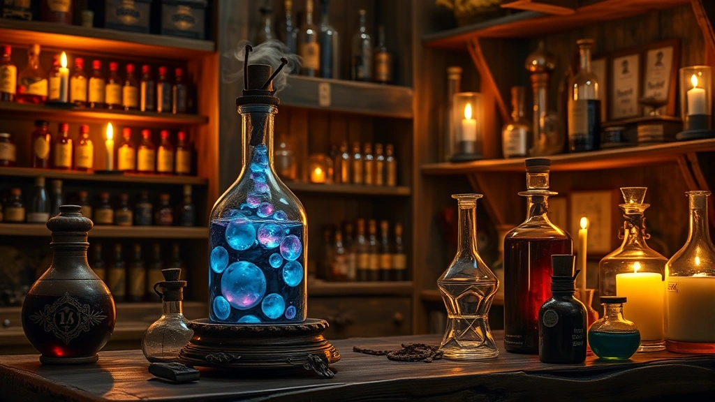 Alchemist's workshop with bubbling glass vials containing glowing blue and red potions, wooden shelves with ingredients, mystical atmosphere, warm candlelight, fantasy setting, photorealistic detailed bottles