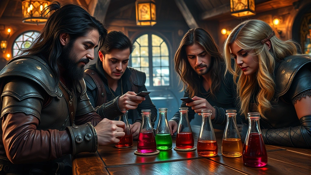 Adventurer party in tavern examining colorful healing potions, leather armor, fantasy setting, warm tavern lighting, wooden tables, medieval fantasy aesthetic, detailed potion vials