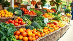Vibrant farmers market scene with colorful fresh vegetables, citrus fruits, and organic produce arranged beautifully in wicker baskets, bright natural daylight, fresh and inviting atmosphere