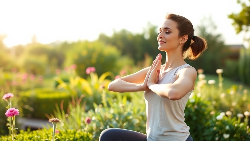 Woman practicing yoga outdoors in peaceful garden setting with green plants and flowers, serene expression, morning sunlight, wellness and balance embodied