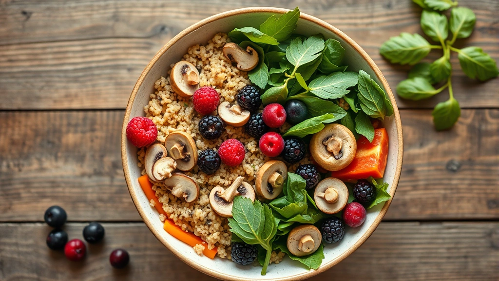 Overhead view of nutritious meal bowl with quinoa, leafy greens, mushrooms, berries, and colorful vegetables, rustic wooden table, natural lighting, health-focused composition