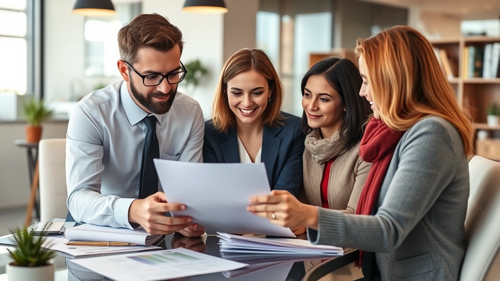 Professional financial advisor reviewing healthcare account documents with diverse clients in modern office, warm lighting, detailed paperwork visible, sophisticated atmosphere