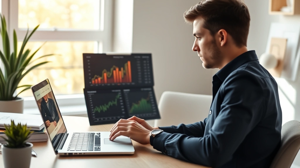 Young professional investor reviewing HSA investment portfolio on laptop with charts and growth graphs displayed, modern home office, natural daylight streaming through window