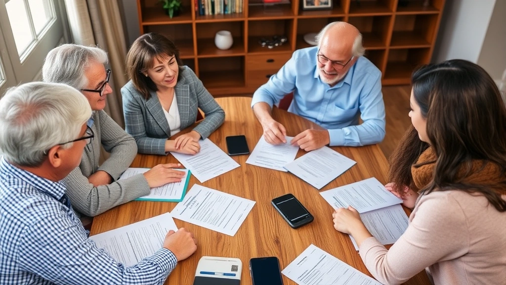 Multi-generational family discussing healthcare planning with financial advisor at wooden table, documents and calculators scattered, warm supportive environment, genuine engagement