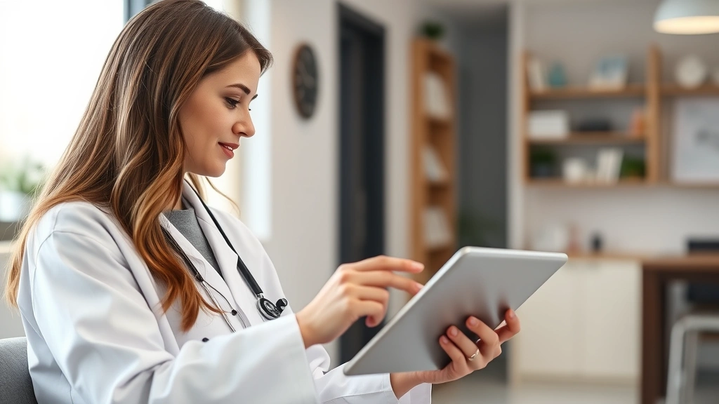 Professional female doctor in white coat reviewing patient health records on tablet in modern clinic office with natural lighting, warm and trustworthy atmosphere
