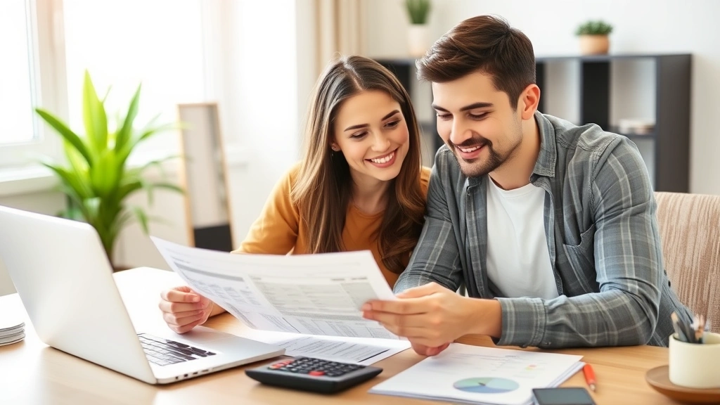 Young professional couple reviewing financial documents and health insurance plans at home desk with calculator and laptop, focused and optimistic expressions