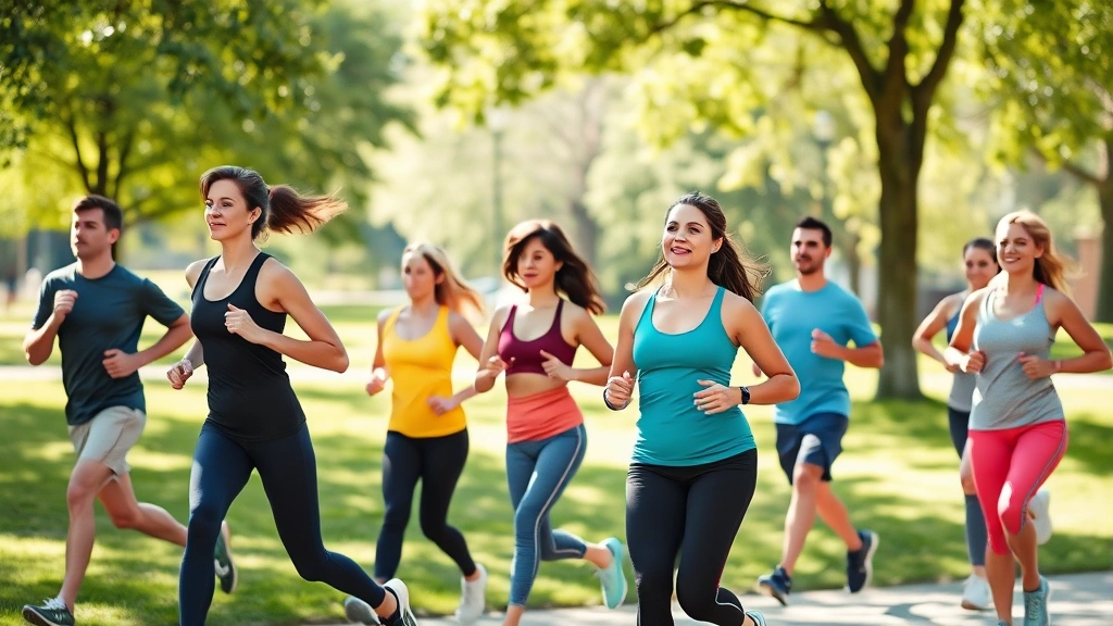 Diverse group of healthy people exercising outdoors in park, jogging and stretching, bright sunlight, vibrant wellness lifestyle scene