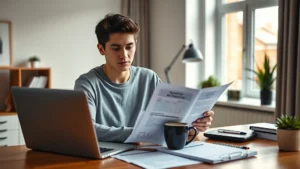 Young professional reviewing financial documents at modern home office desk with laptop, coffee cup, and organized paperwork showing healthcare account information, natural window lighting, warm minimalist aesthetic