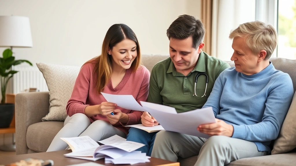 Family discussing healthcare finances in comfortable living room, reviewing medical bills and health insurance documents together, relaxed atmosphere with note-taking, soft natural lighting