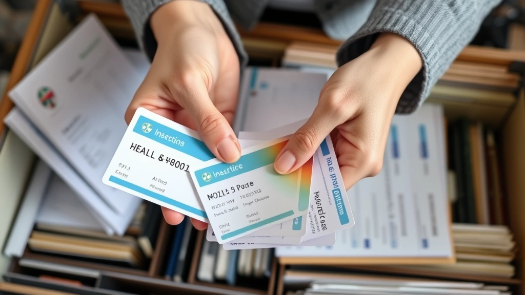 Close-up of hands holding health insurance cards and receipts, organized filing system with medical expense documents, financial planning workspace, professional organization aesthetic