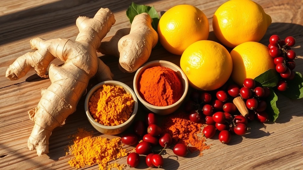 Vibrant array of fresh organic ginger root, golden turmeric powder, bright yellow lemons, and ruby red elderberries arranged artfully on natural wooden surface, morning sunlight creating warm shadows, lifestyle photography style