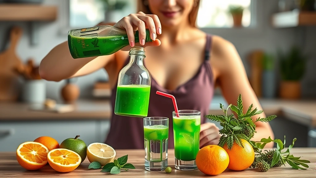 Woman in modern kitchen pouring fresh-pressed emerald green health shot from glass bottle into small shot glass, surrounded by fresh citrus fruits and herbs, natural window light, wellness lifestyle aesthetic