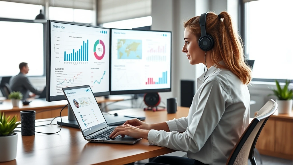 Professional woman developer working on laptop with healthcare data visualizations on dual monitors, modern tech office environment, soft natural lighting, focused concentration