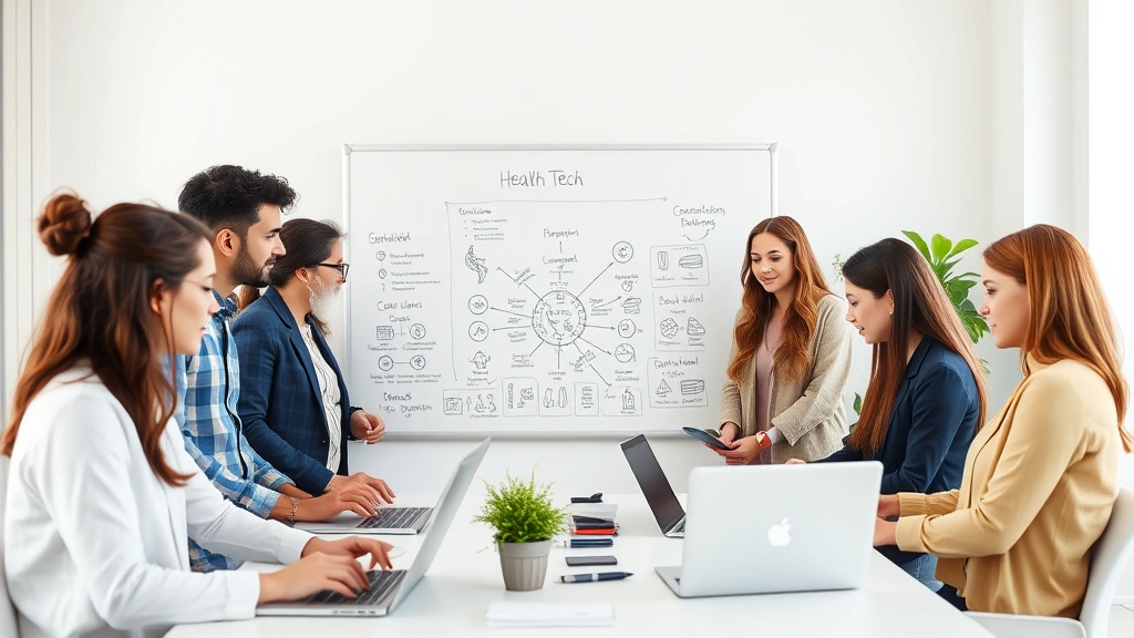 Diverse team of health tech professionals collaborating in a bright startup office, whiteboard with healthcare system diagrams, laptops and mobile devices visible, modern minimalist workspace