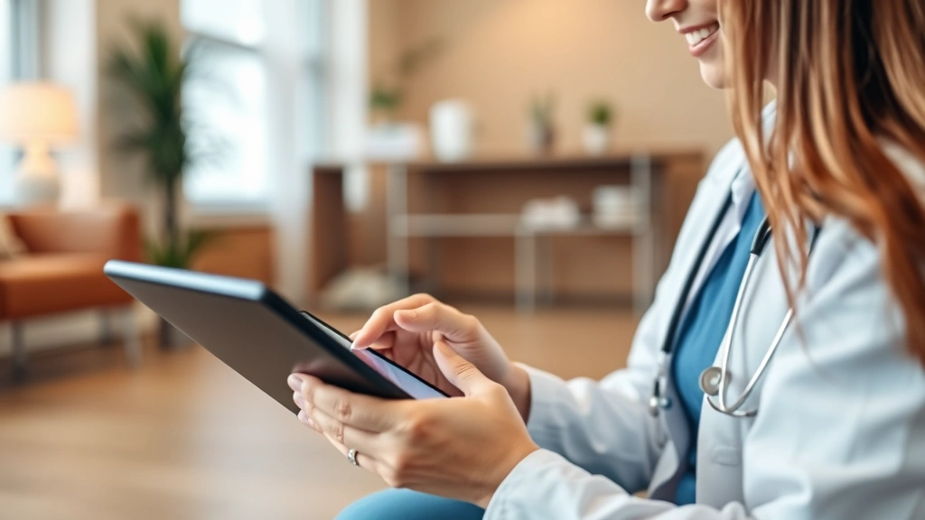 Close-up of healthcare provider using health tech software on tablet during patient consultation, modern clinic setting, warm professional atmosphere, technology integration in medical care