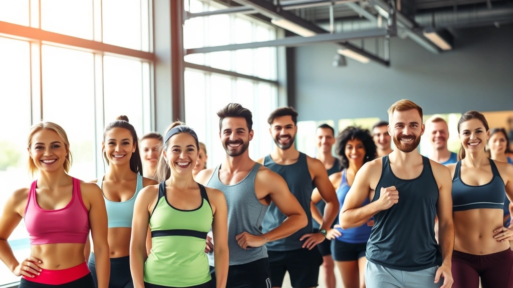 Diverse group of smiling people in modern fitness studio wearing athletic wear, sunlight streaming through large windows, vibrant and energetic atmosphere, professional gym setting