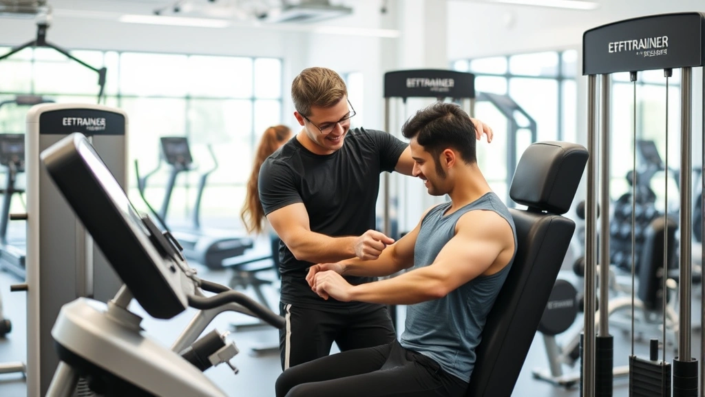 Personal trainer assisting client with proper form on weight machine, focused concentration, encouraging interaction, modern gym equipment, bright clean facility, motivational environment