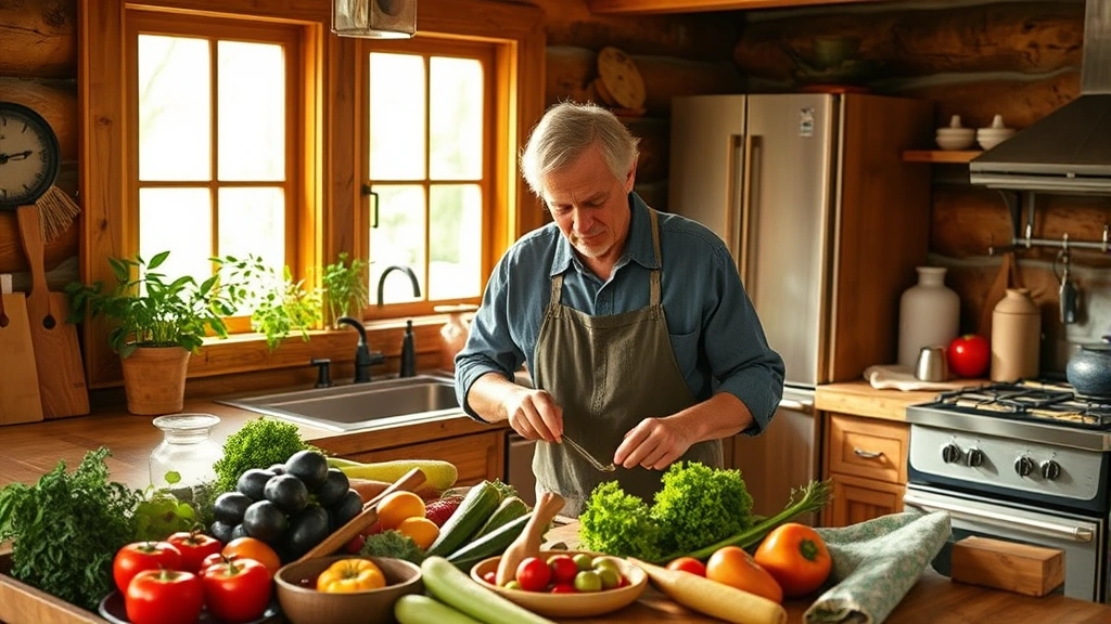 Mature man in rustic cabin kitchen preparing fresh vegetables and fruits for plant-based meal, natural sunlight through windows, warm earthy tones, peaceful wellness atmosphere