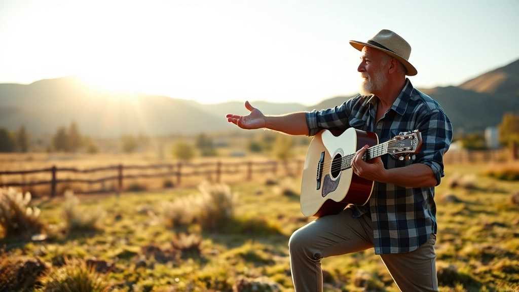Active senior musician stretching outdoors on ranch property, morning light, mountains in background, demonstrating flexibility and vitality, natural landscape setting