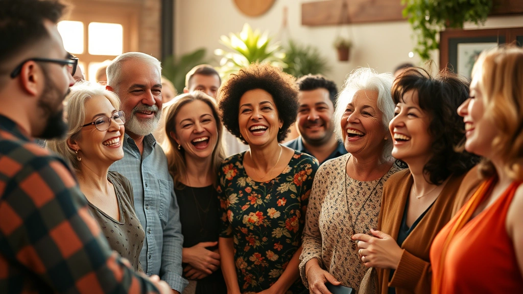 Group of diverse people laughing together at community gathering, warm intimate setting, natural lighting, genuine connection and joy, multigenerational friendships